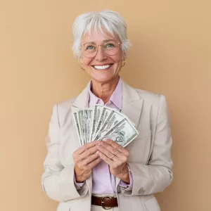 Middle aged businesswoman holding 7000 
